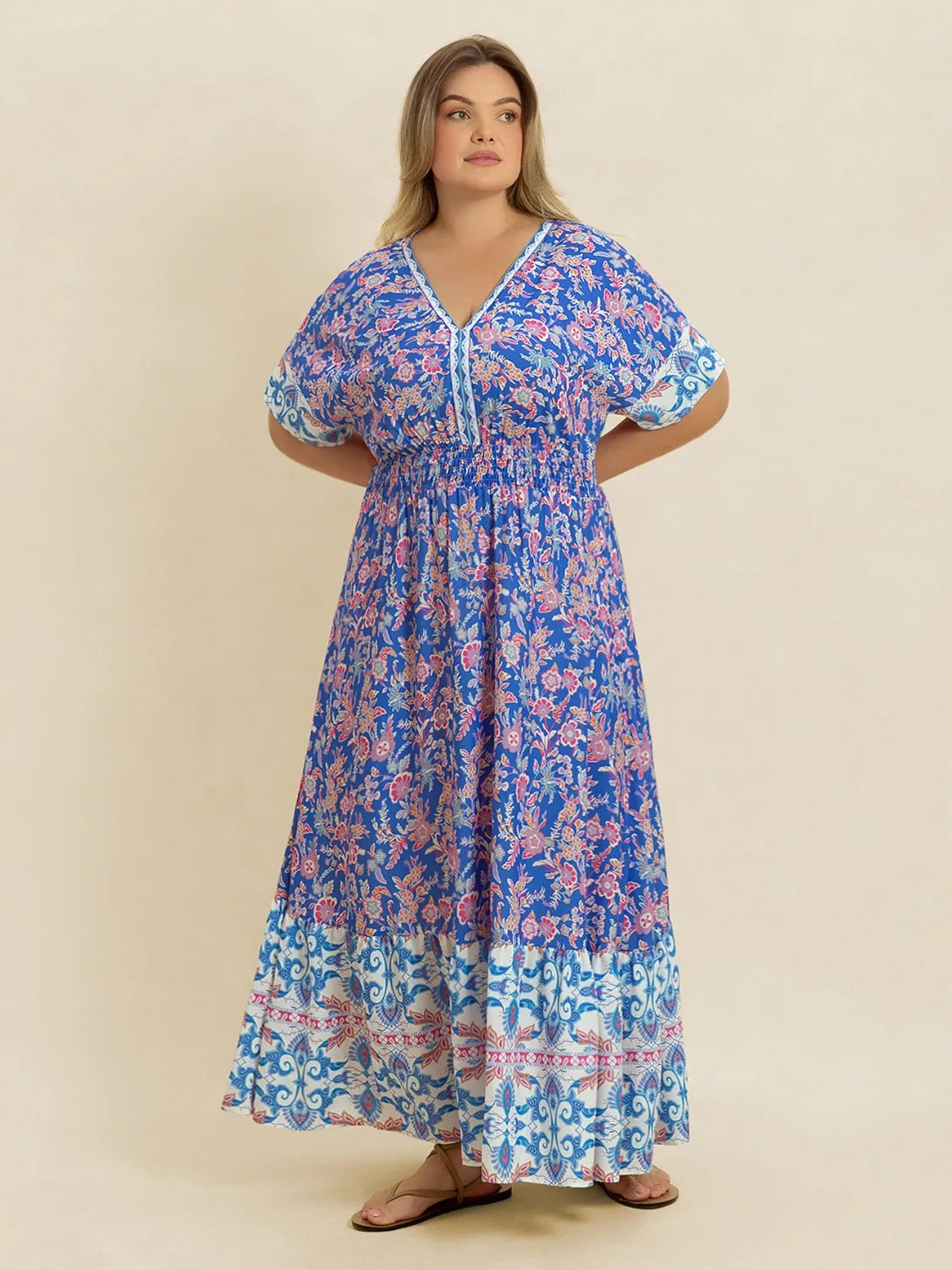Plus Size Smocked Printed Half Sleeve Midi Dress - LoveNest Treasures