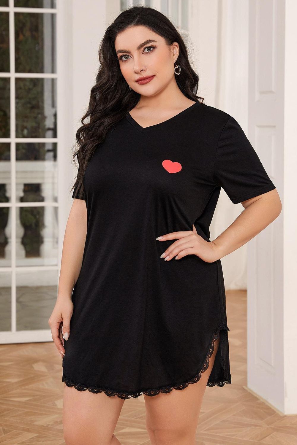 Plus Size Lace Trim V-Neck Short Sleeve Night Dress - LoveNest Treasures