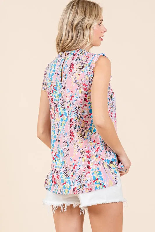Lime 'N' Chili Full Size Graphic Print Ruffle Trim Mock Neck Sleeveless Top Plus Size - LoveNest Treasures