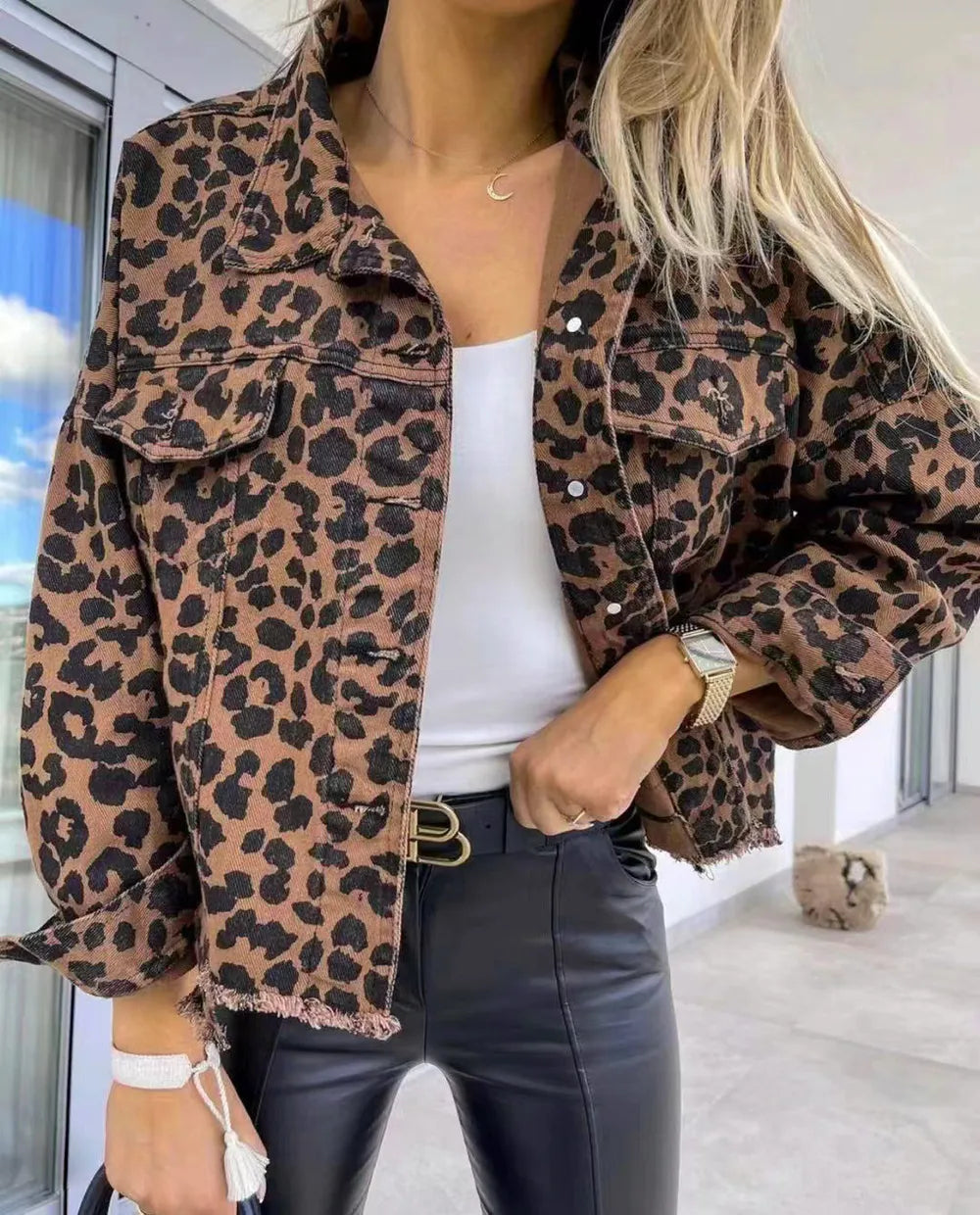 Raw Hem Leopard Collared Neck Denim Jacket - LoveNest Treasures