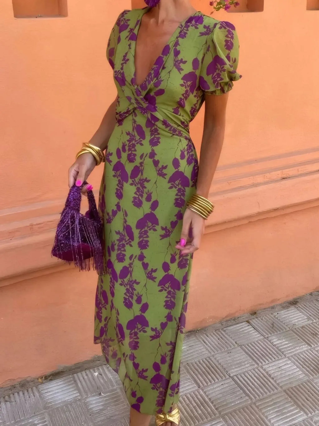 Printed Plunge Short Sleeve Midi Dress - LoveNest Treasures