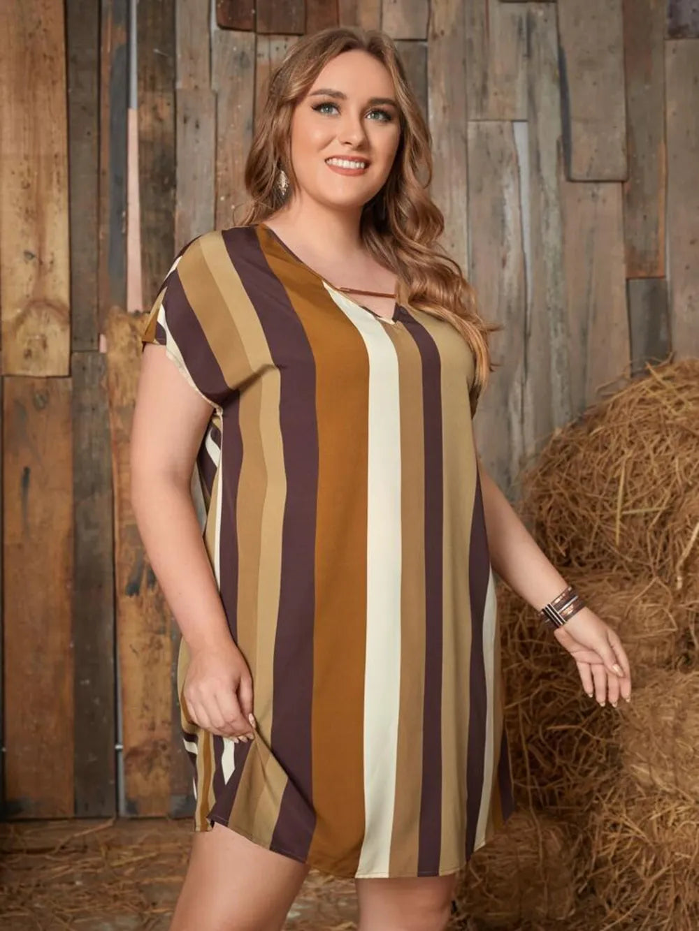 Plus Size Striped Short Sleeve Mini Dress - LoveNest Treasures