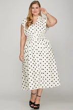 She + Sky Front Zip Polka Dots Cap Sleeve Midi Dress - LoveNest Treasures