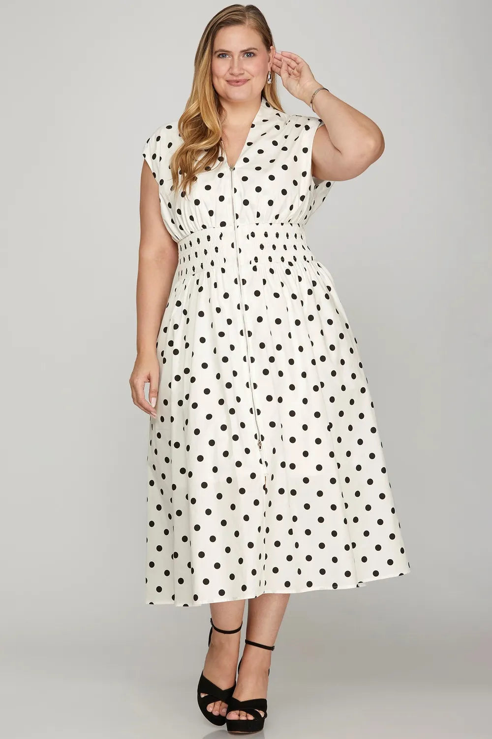 She + Sky Front Zip Polka Dots Cap Sleeve Midi Dress - LoveNest Treasures