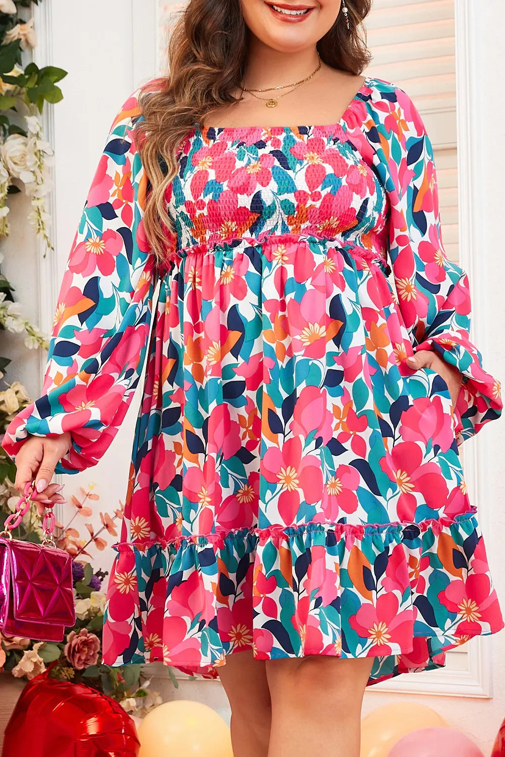 Plus Size Smocked Floral Square Neck Balloon Sleeve Dress - LoveNest Treasures