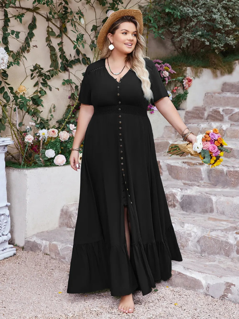 Plus Size Ruffled Hem Button Down V-Neck Short Sleeve Maxi Dress - LoveNest Treasures