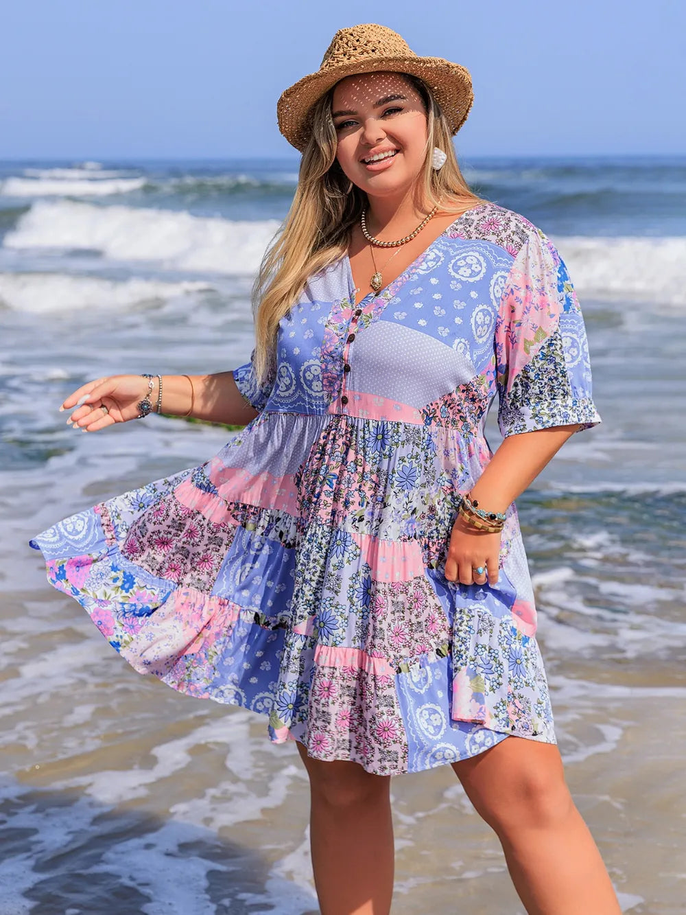 Plus Size Printed V-Neck Tiered Mini Dress - LoveNest Treasures