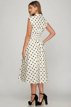 She + Sky Front Zip Polka Dots Cap Sleeve Midi Dress - LoveNest Treasures