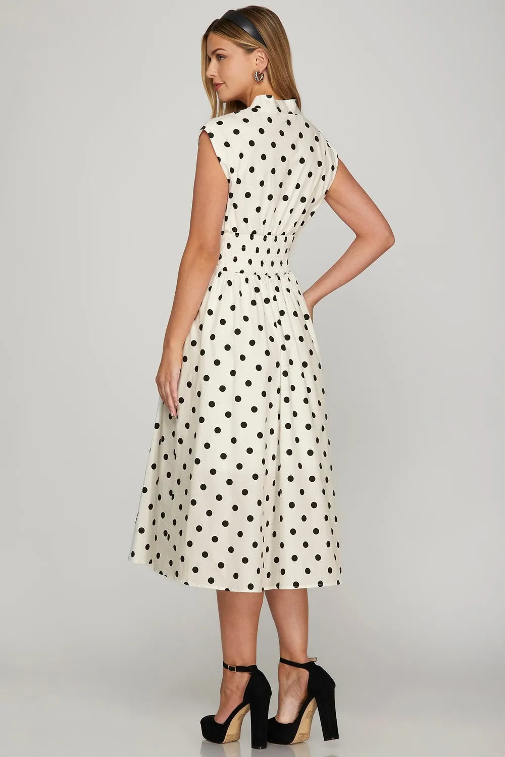 She + Sky Front Zip Polka Dots Cap Sleeve Midi Dress - LoveNest Treasures