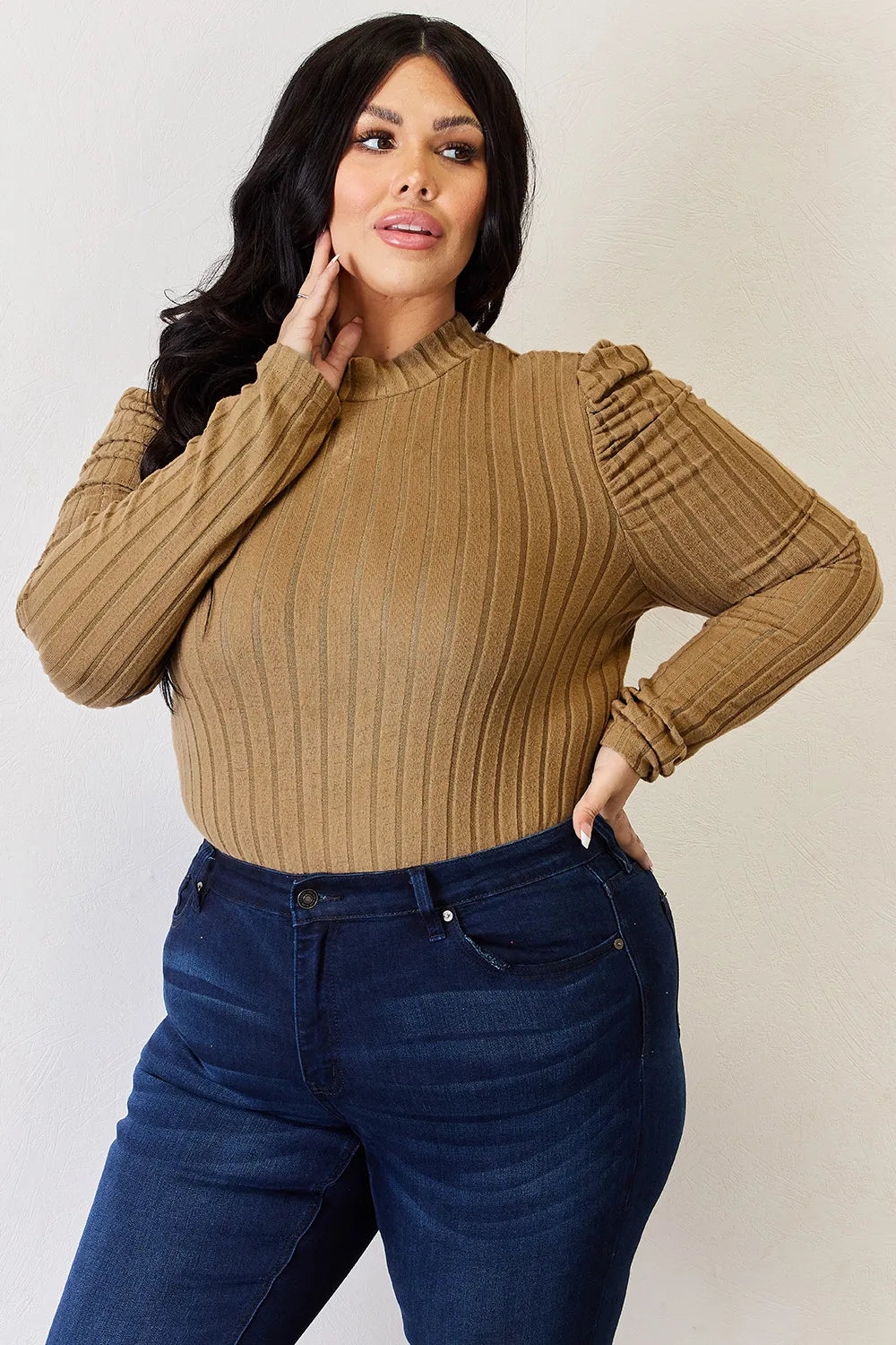 Basic Bae Full Size Ribbed Mock Neck Puff Sleeve T-Shirt - LoveNest Treasures