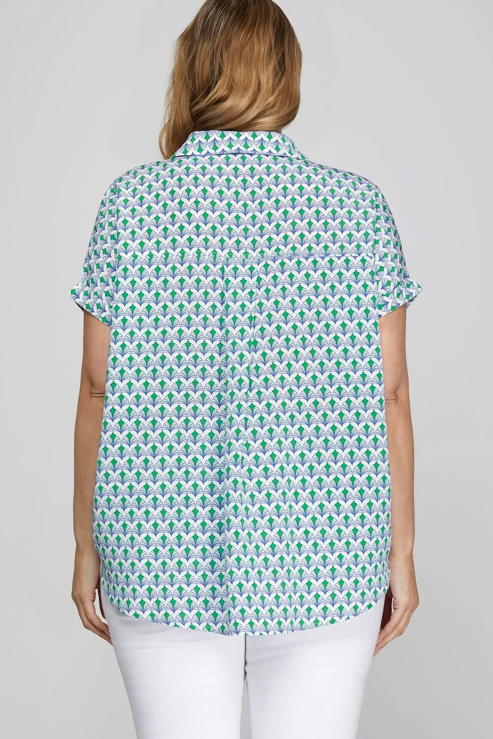 She + Sky Full Size Printed Johnny Collar Short Sleeve Blouse Plus Size - LoveNest Treasures