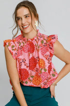 Umgee Full Size Floral Print Ruffled Cap Sleeve Blouse Plus Size - LoveNest Treasures