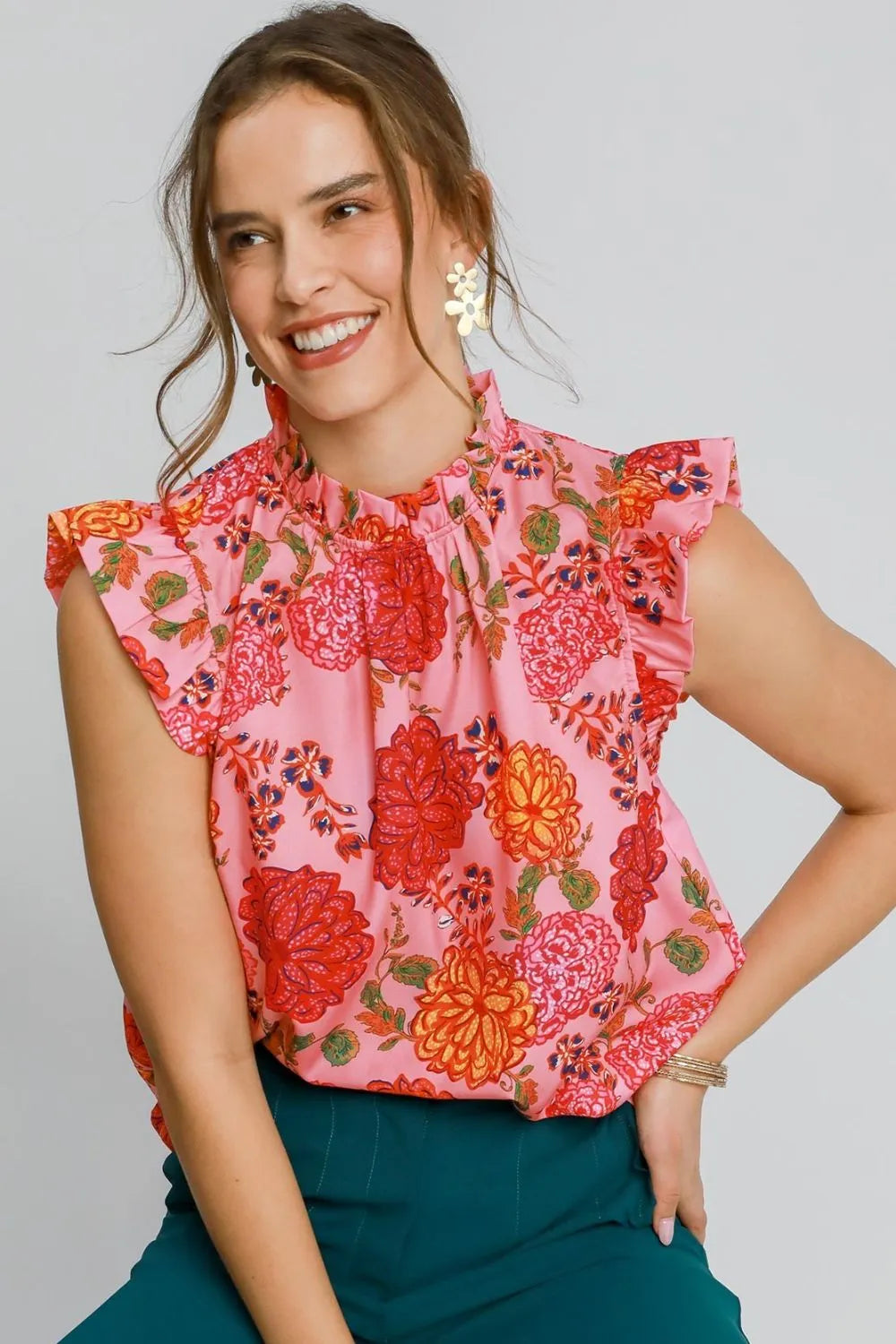 Umgee Full Size Floral Print Ruffled Cap Sleeve Blouse Plus Size - LoveNest Treasures