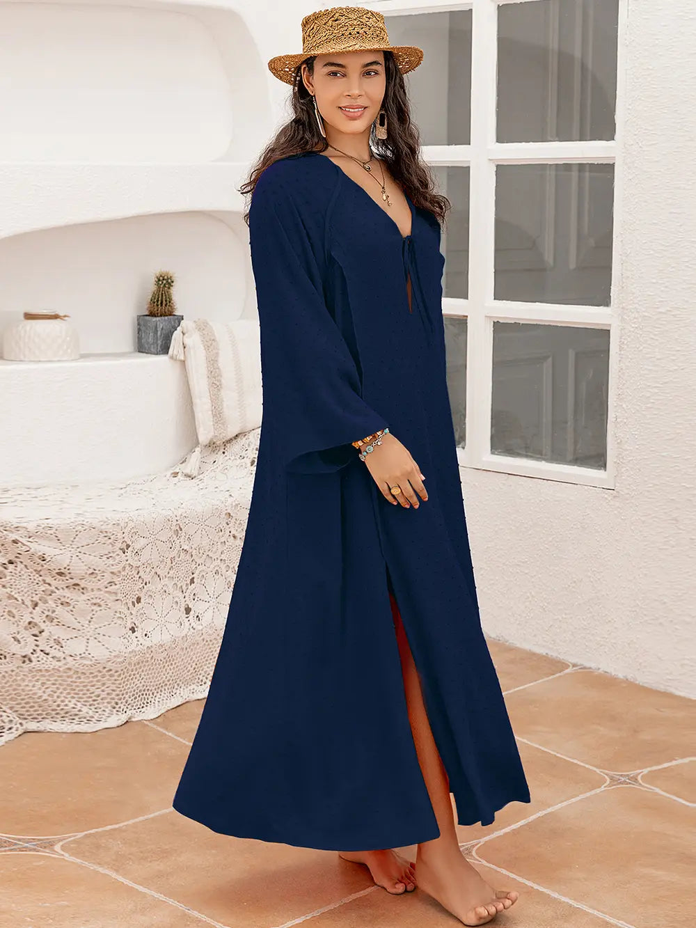 Plus Size Tie Neck Long Sleeve Slit Dress - LoveNest Treasures