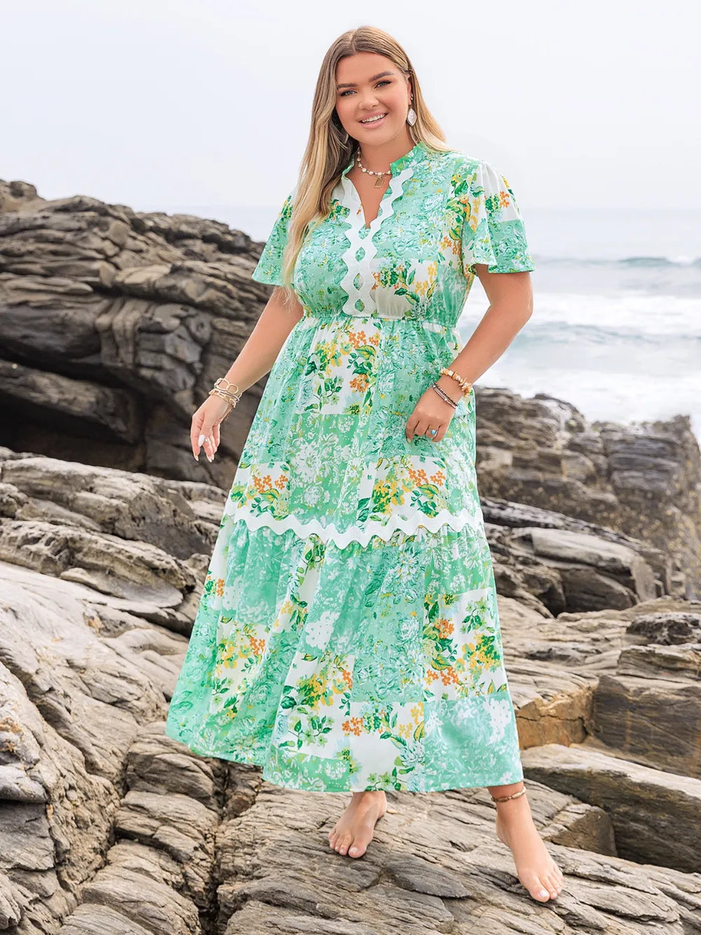 Plus Size Printed Notched Short Sleeve Maxi Dress - LoveNest Treasures