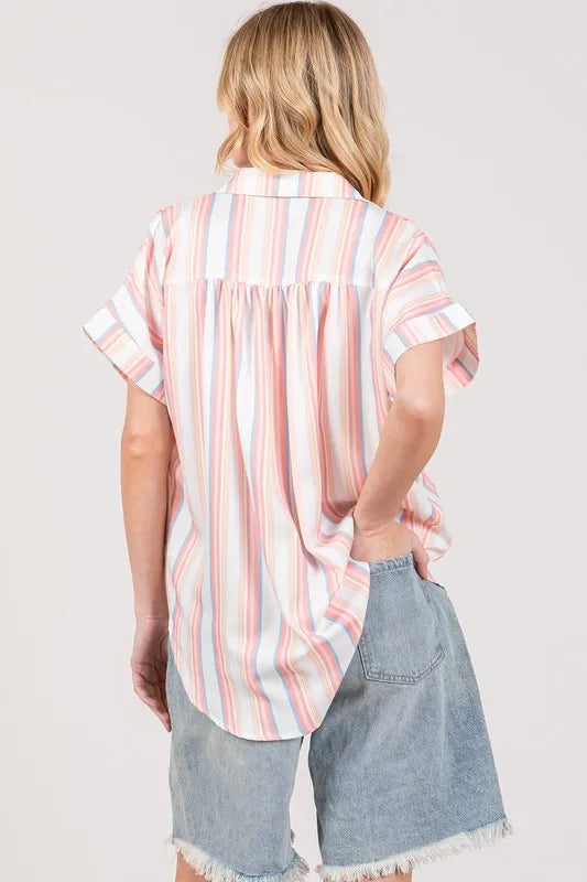 SAGE+FIG Full Size Multi Stripe Button Down Short Sleeve Shirt Plus Size - LoveNest Treasures