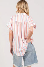 SAGE+FIG Full Size Multi Stripe Button Down Short Sleeve Shirt Plus Size - LoveNest Treasures
