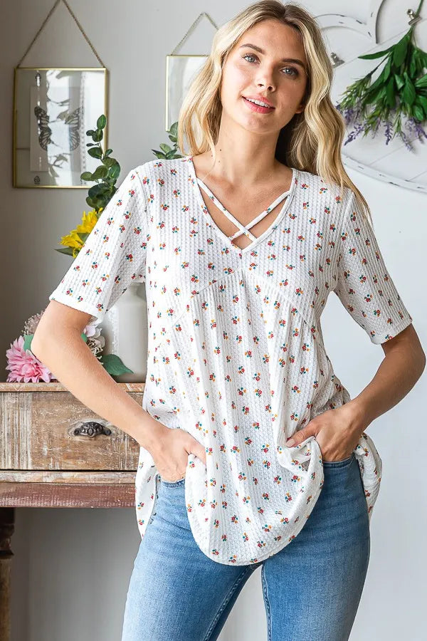 Heimish Full Size Crisscross Ditsy Floral Babydoll Top Plus Size - LoveNest Treasures