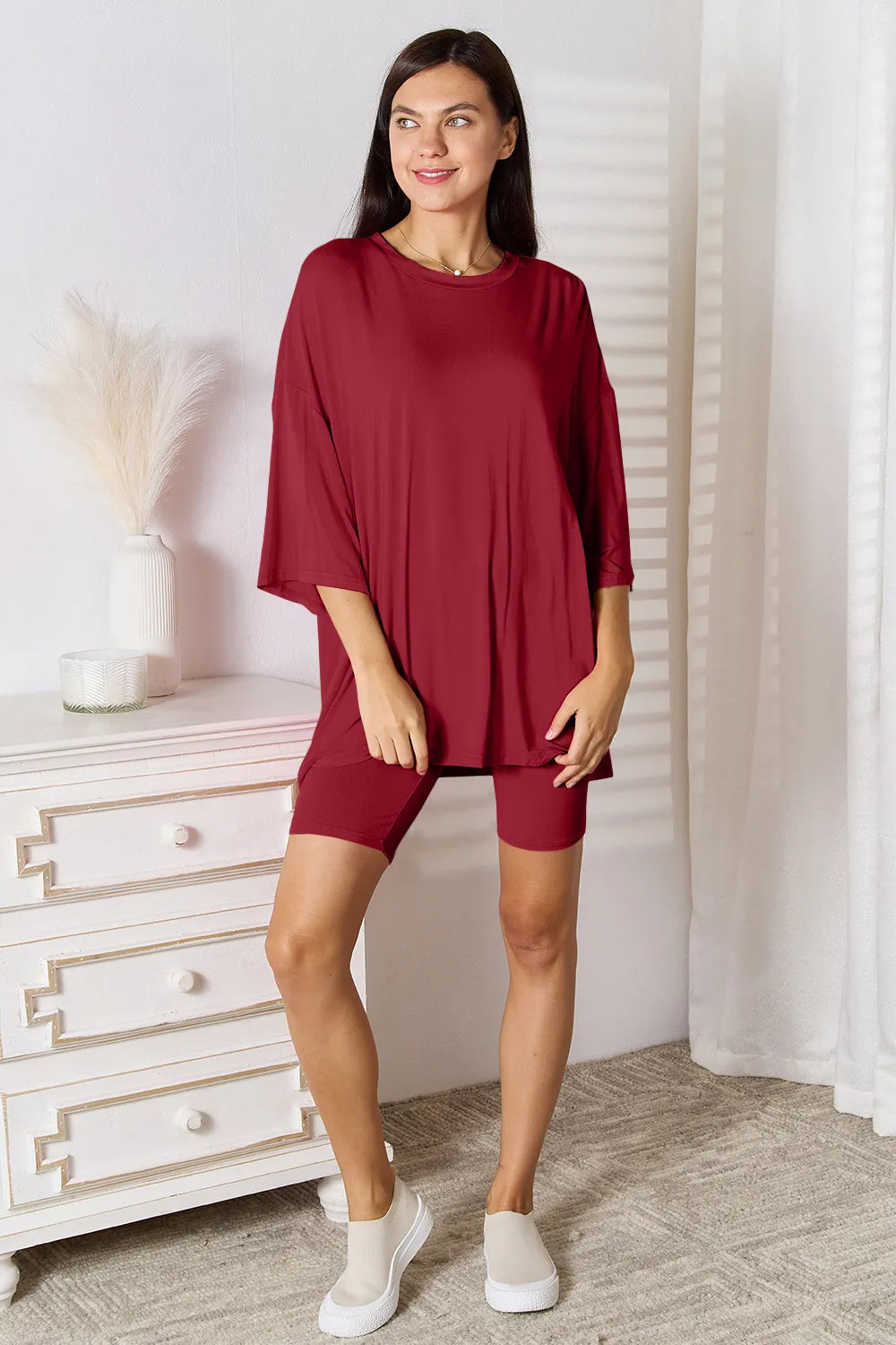 Basic Bae Full Size Soft Rayon Three-Quarter Sleeve Top and Shorts Set - LoveNest Treasures