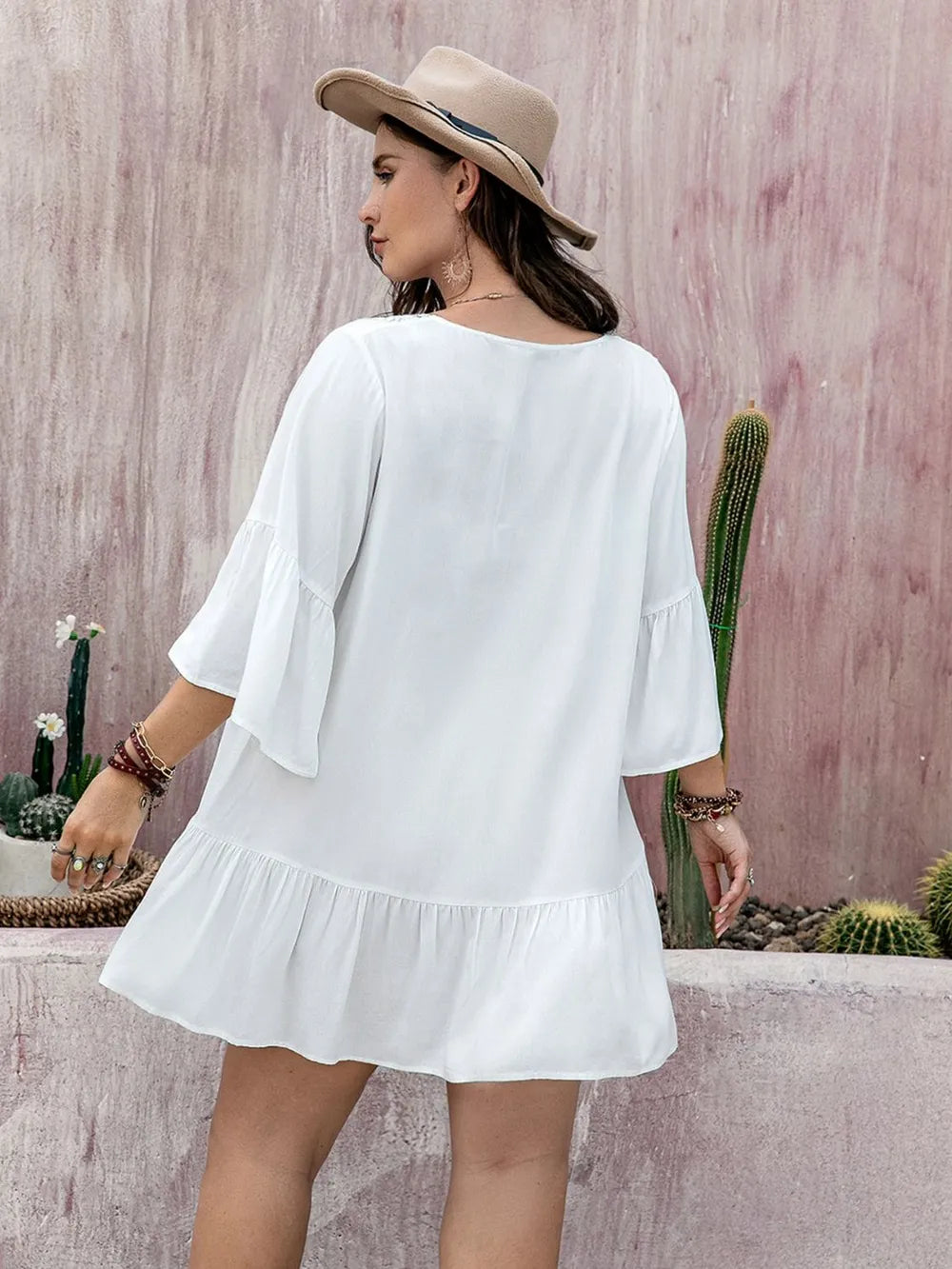 Plus Size Lace Detail Tie Neck Three-Quarter Sleeve Mini Dress - LoveNest Treasures