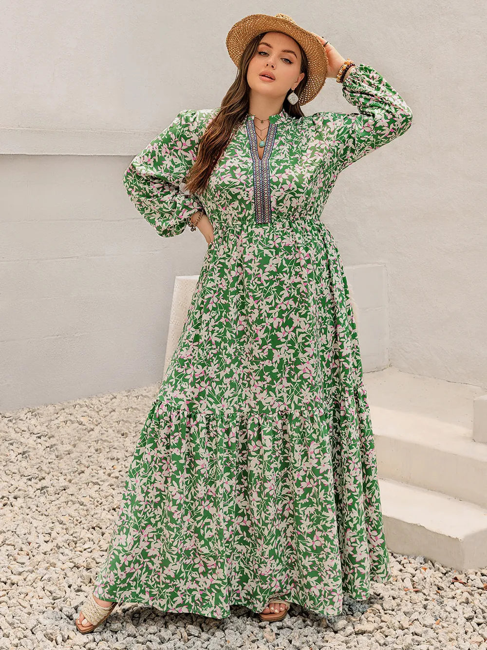 Plus Size Printed Notched Long Sleeve Maxi Dress - LoveNest Treasures