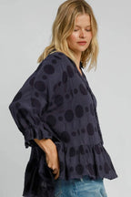 Umgee Full Size Swiss Dot Half Button Flounce Sleeve Blouse Plus Size - LoveNest Treasures