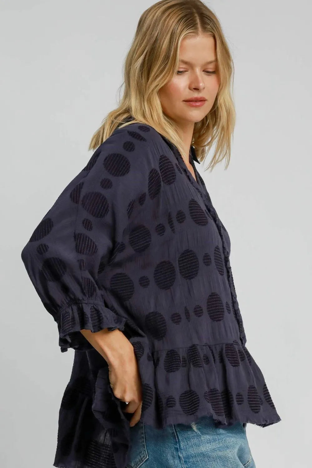 Umgee Full Size Swiss Dot Half Button Flounce Sleeve Blouse Plus Size - LoveNest Treasures