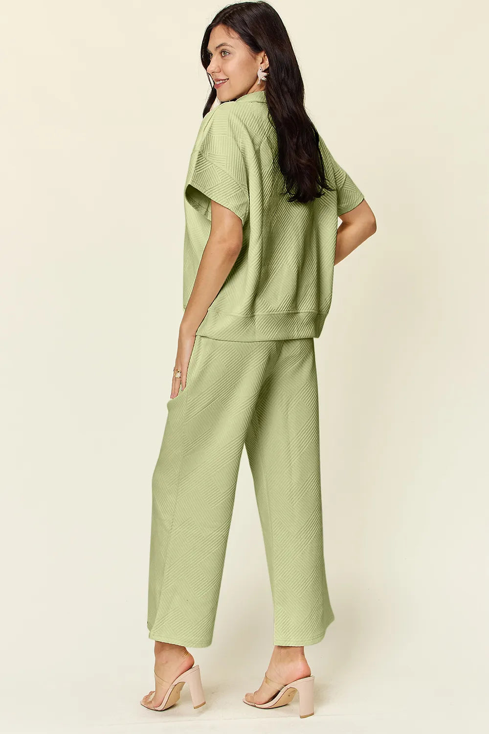 Double Take Full Size Texture Half Zip Short Sleeve Top and Pants Set - LoveNest Treasures