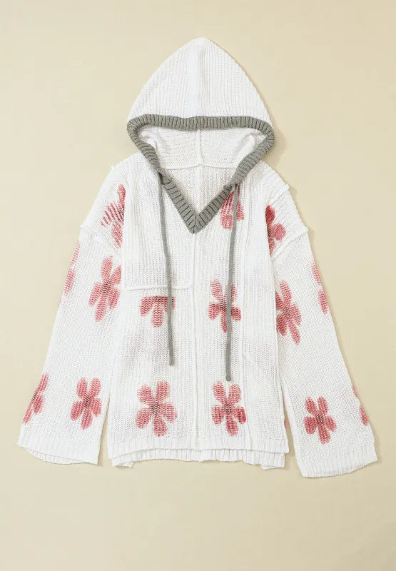 Drawstring Flower Hooded Knit Top - LoveNest Treasures