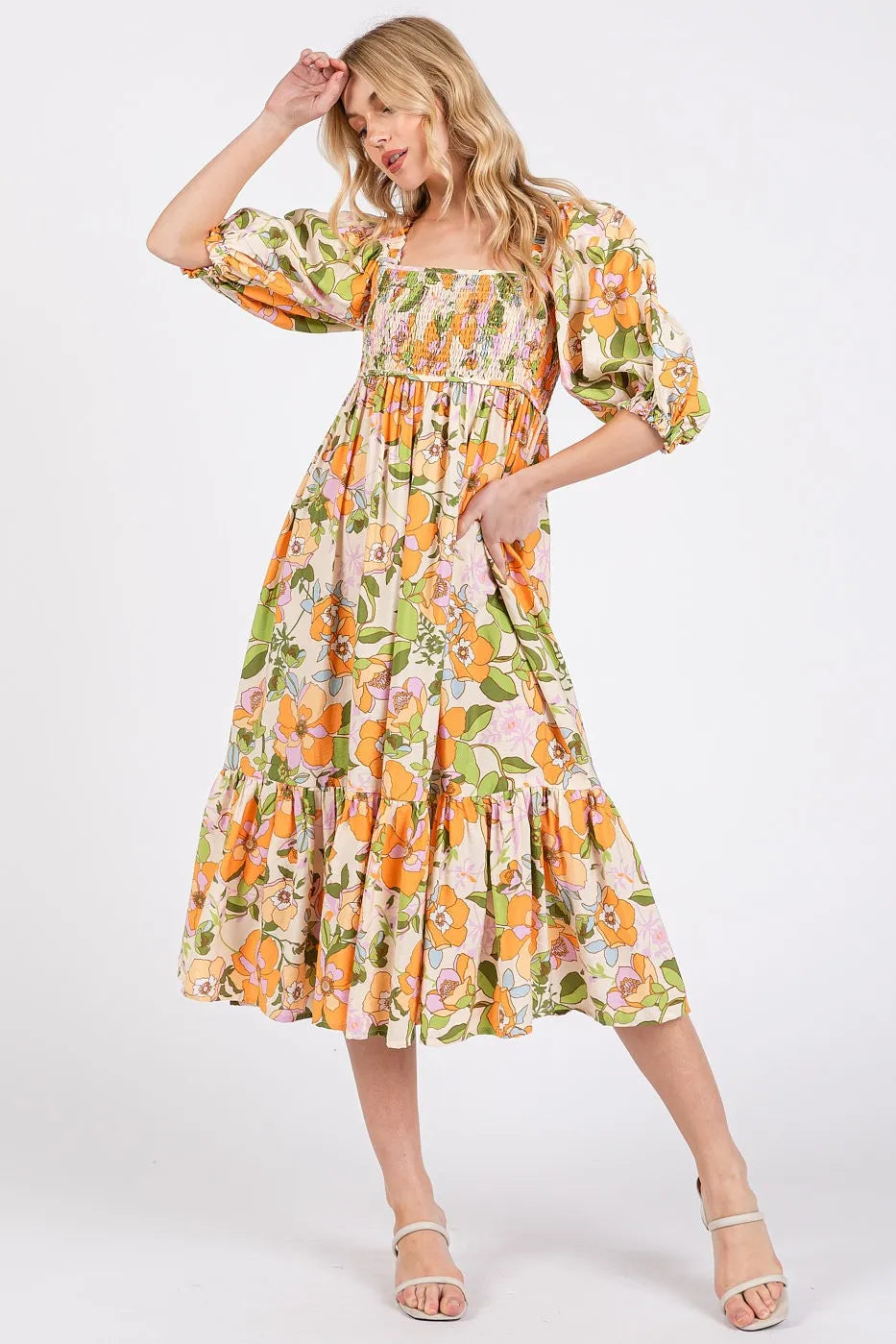 Mittoshop Flower Print Puff Sleeve Ruffle Smocked Midi Dress - LoveNest Treasures