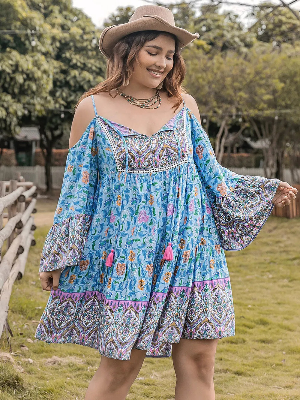 Plus Size Printed Long Sleeve Mini Dress - LoveNest Treasures