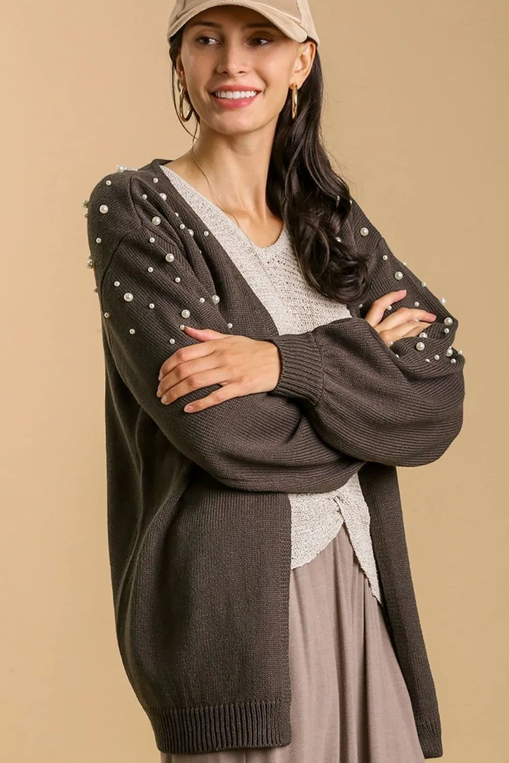 Umgee Full Size Open Front Cardigan with Long Sleeve Pearl Details Plus Size - LoveNest Treasures
