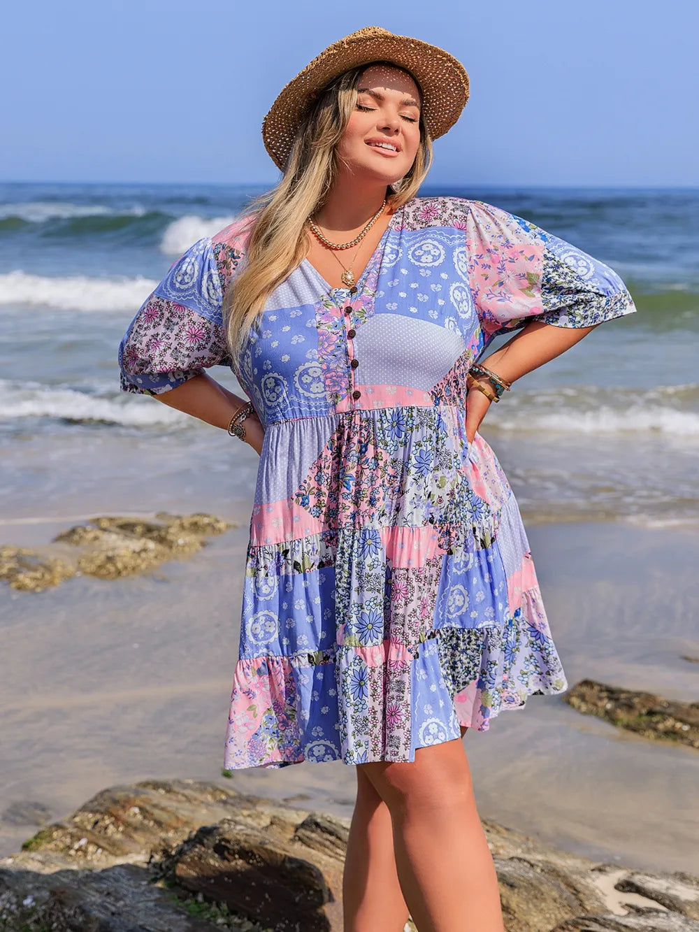 Plus Size Printed V-Neck Tiered Mini Dress - LoveNest Treasures