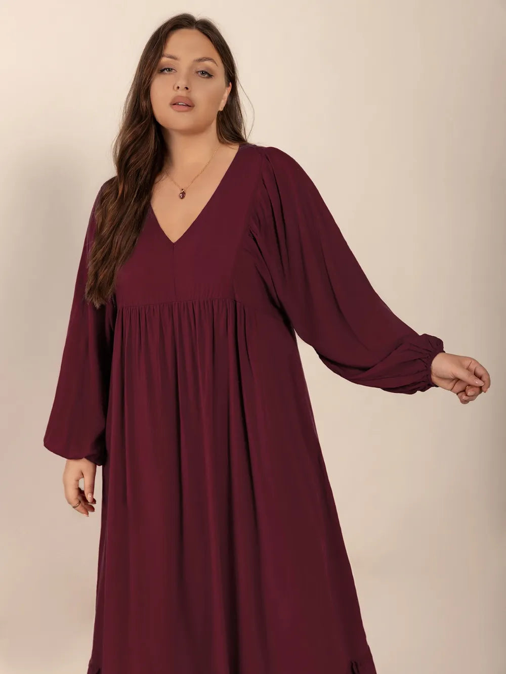Plus Size Ruffled Hem V-Neck Balloon Sleeve Dress - LoveNest Treasures