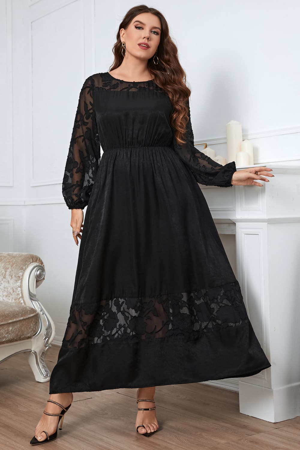 Honey Plus Size Embroidery Round Neck Long Sleeve Maxi Dress - LoveNest Treasures
