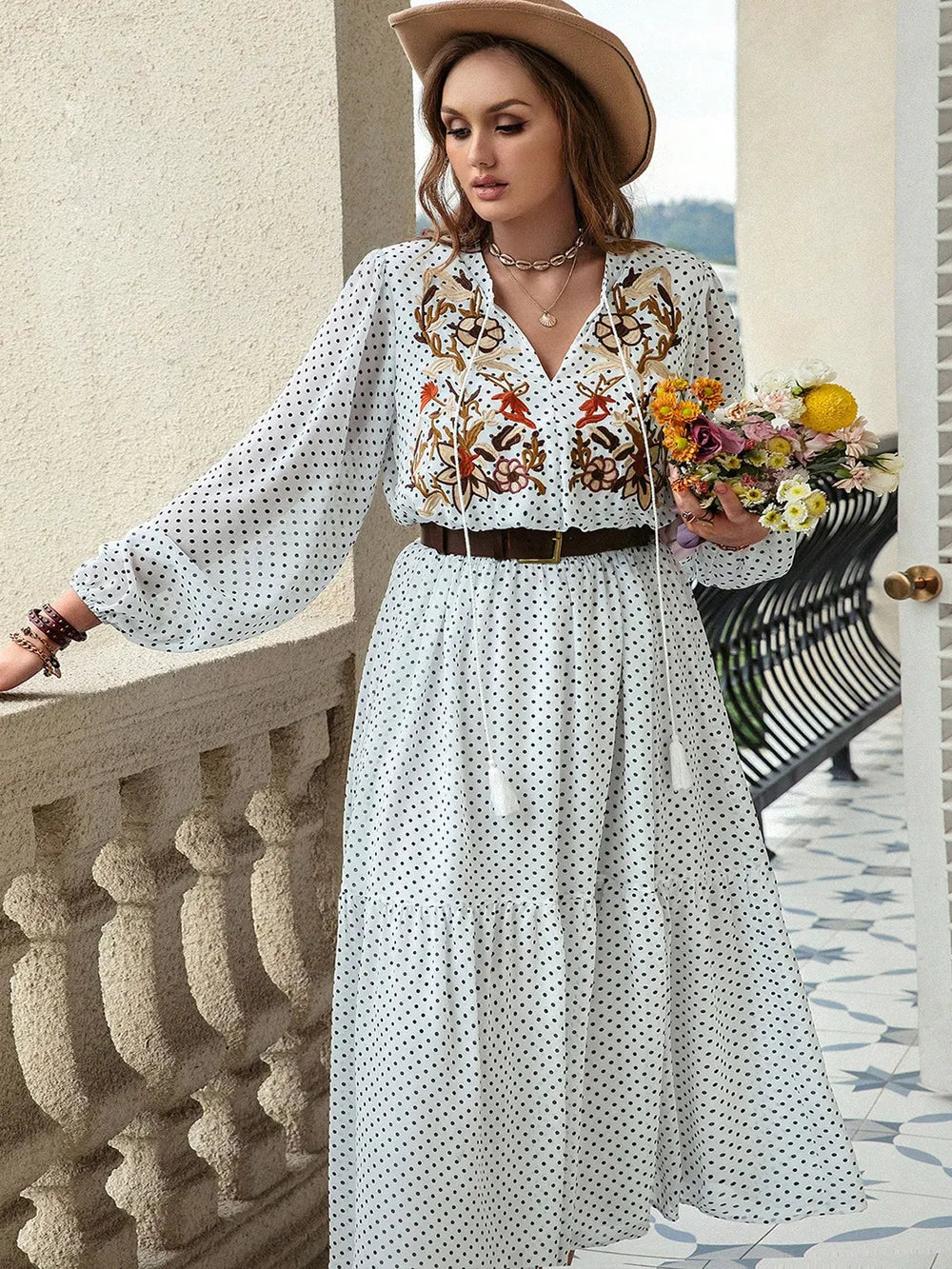 Plus Size Printed Tie Neck Long Sleeve Midi Dress - LoveNest Treasures
