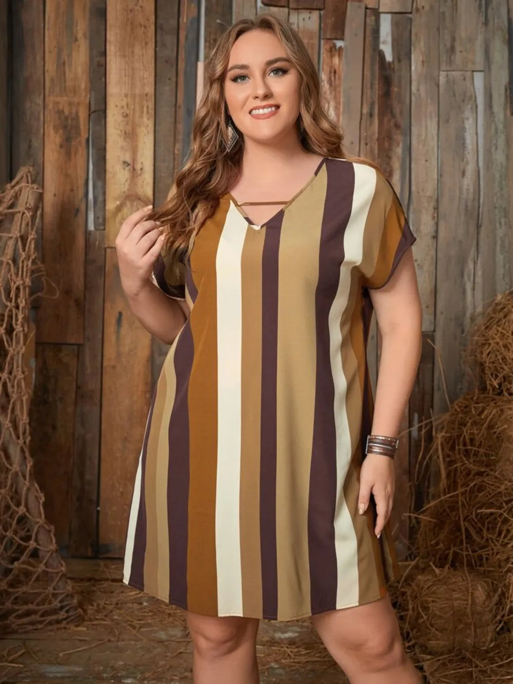 Plus Size Striped Short Sleeve Mini Dress - LoveNest Treasures