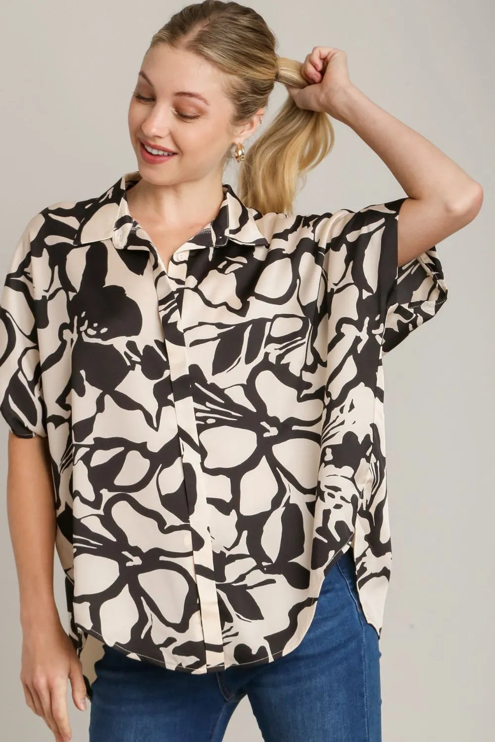 Umgee Full Size Two Tone Print Button Down Top with Hidden Plackets Plus Size - LoveNest Treasures
