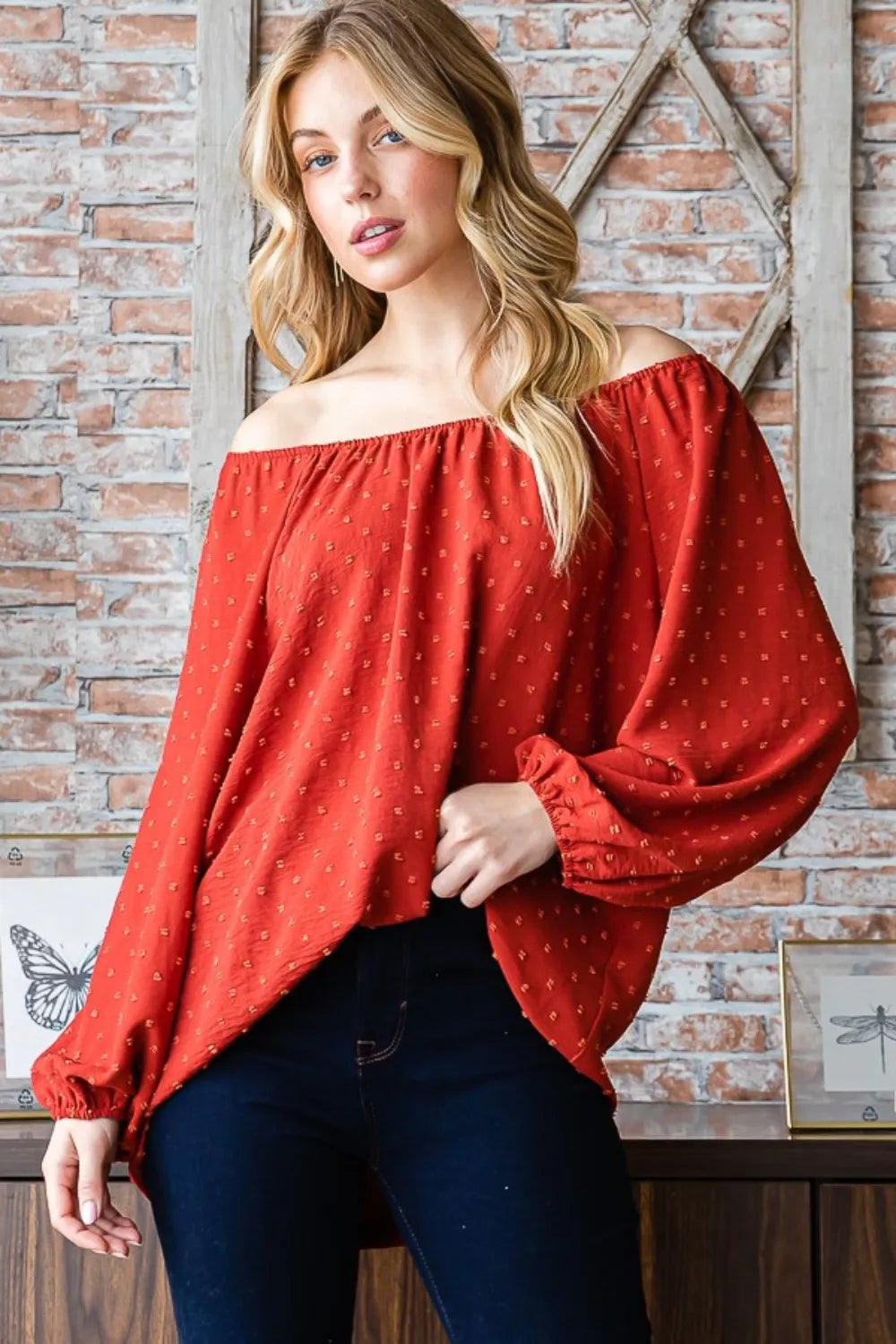 Heimish Full Size Swiss Dot Off Shoulder Top - LoveNest Treasures