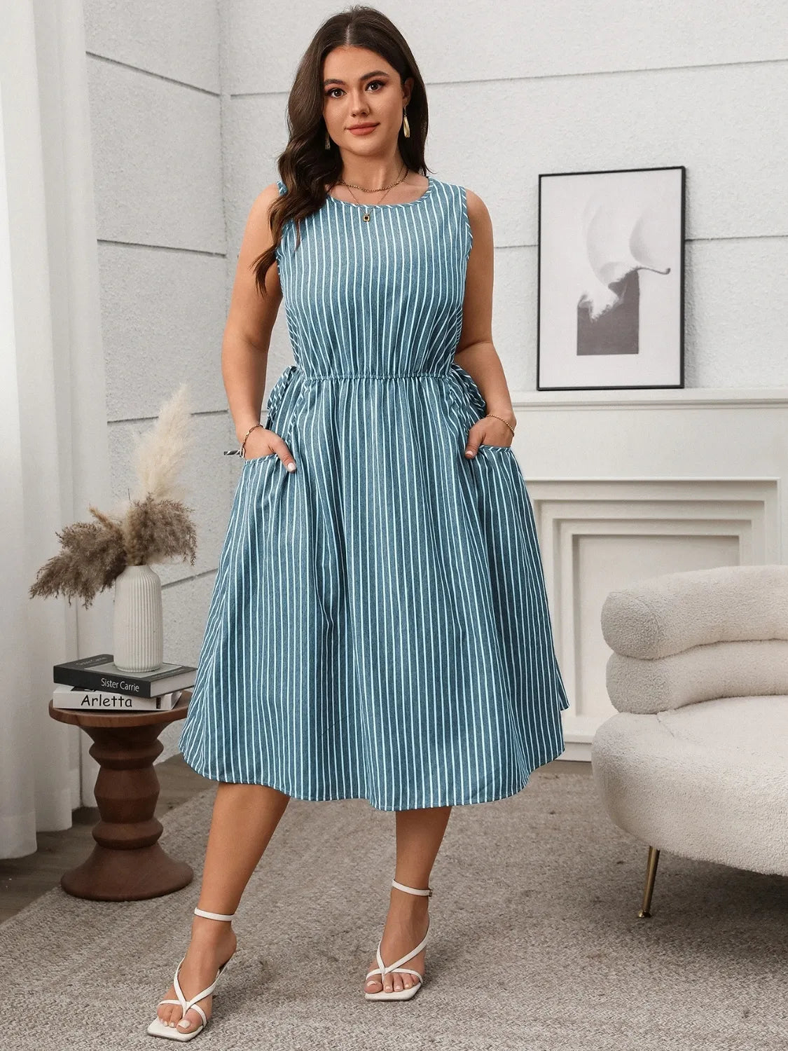 Plus Size Striped Round Neck Sleeveless Dress - LoveNest Treasures