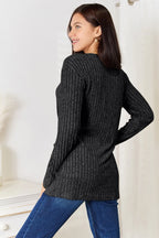 Double Take Notched Neck Ribbed Long Sleeve T-Shirt - LoveNest Treasures