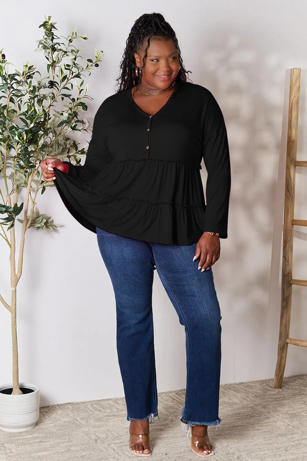 Double Take Half Button Long Sleeve Ruffle Hem Blouse - LoveNest Treasures