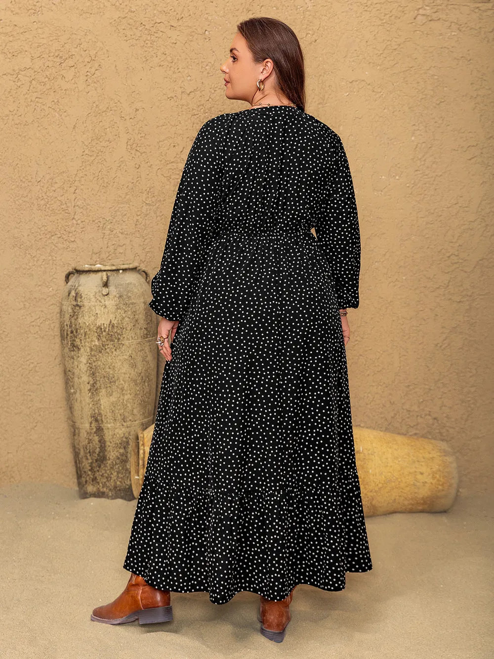 Plus Size Embroidered Polka Dot Notched Long Sleeve Dress - LoveNest Treasures