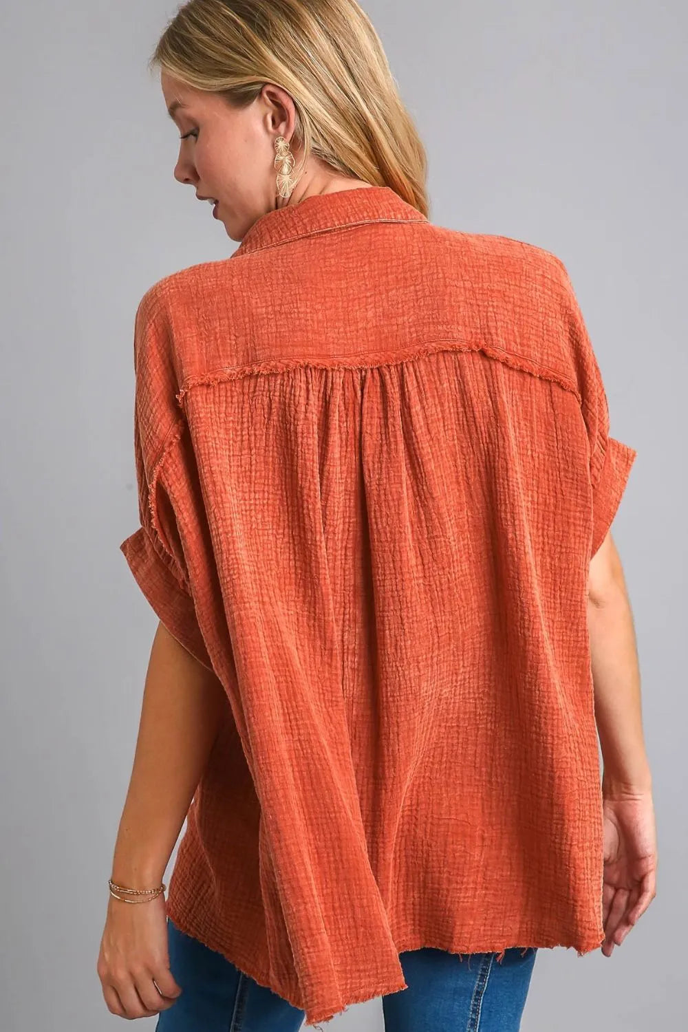 Umgee Full Size Cotton Gauze Mineral Wash Button Down Shirt Plus Size - LoveNest Treasures