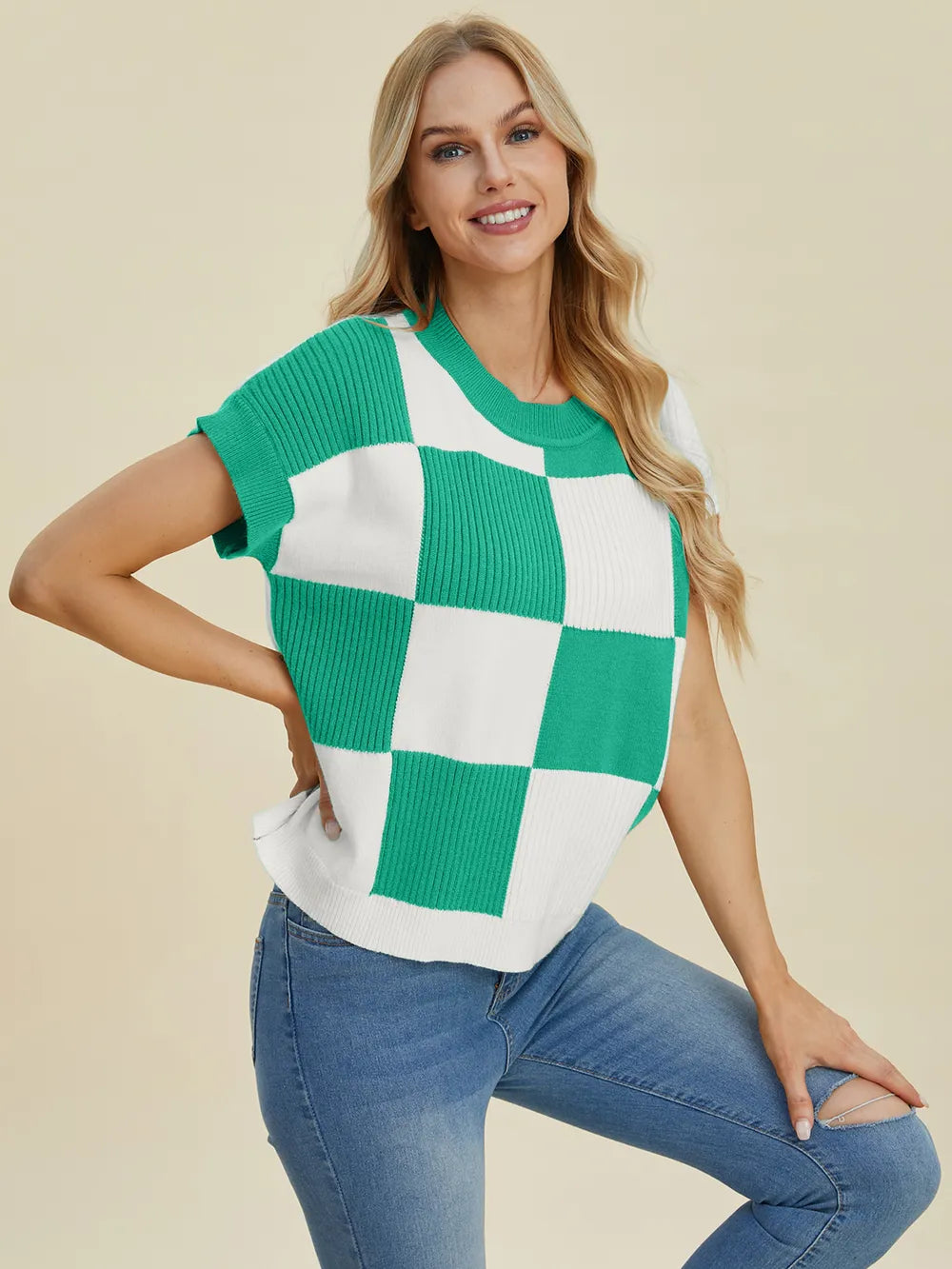 Double Take Full Size Checkered Round Neck Short Sleeve Sweater - LoveNest Treasures