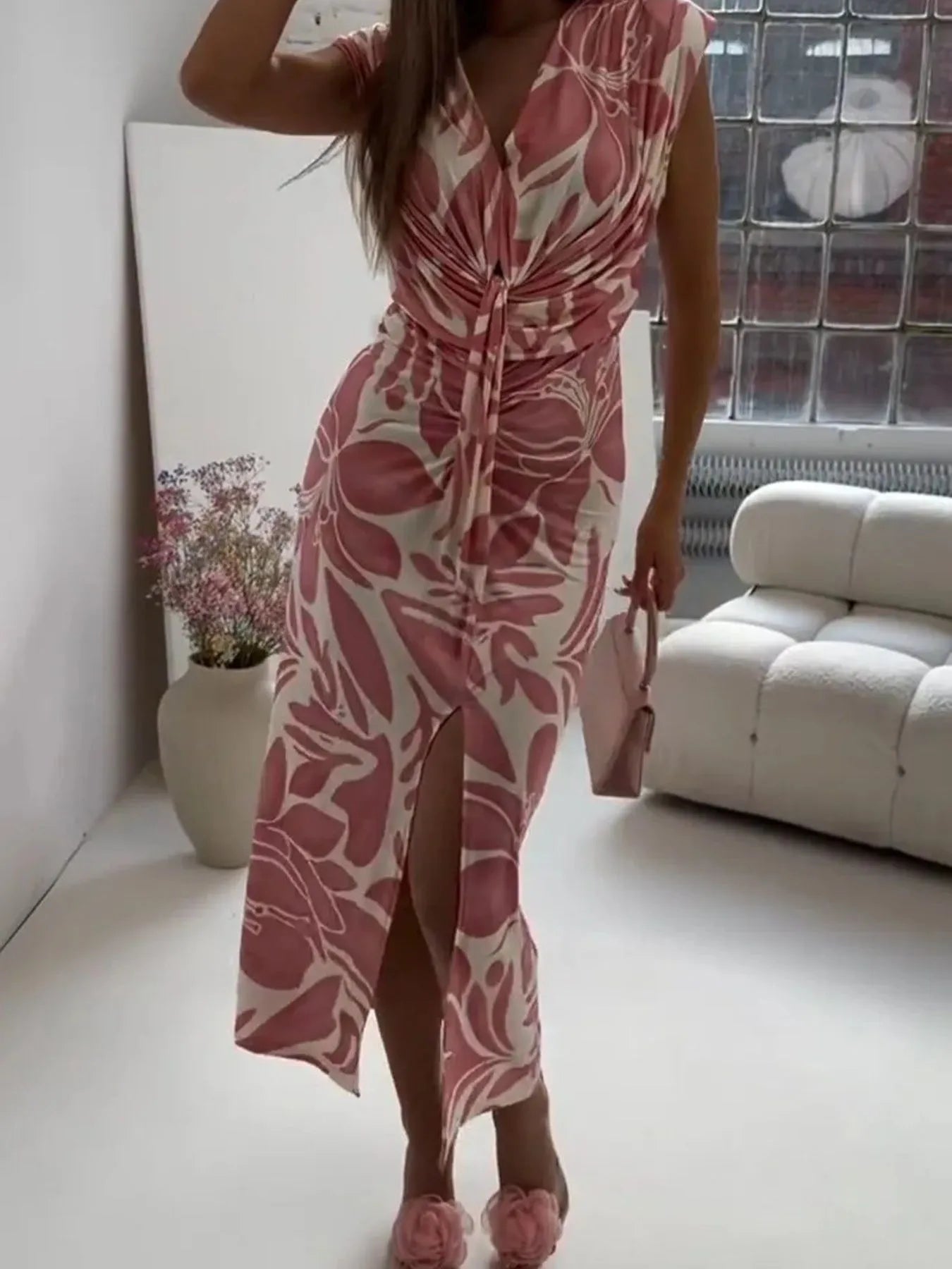 Full Size Slit Printed V-Neck Midi Dress Plus Size - LoveNest Treasures