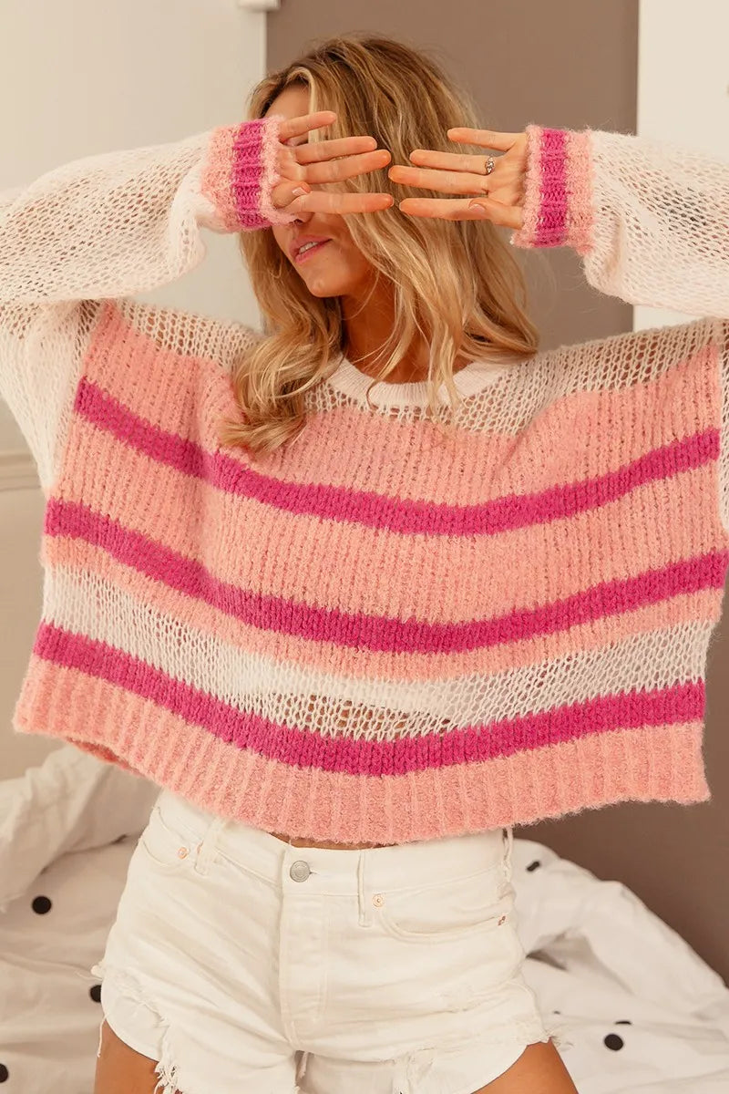BiBi Hollow Out Yoke Detail Striped Sweater - LoveNest Treasures