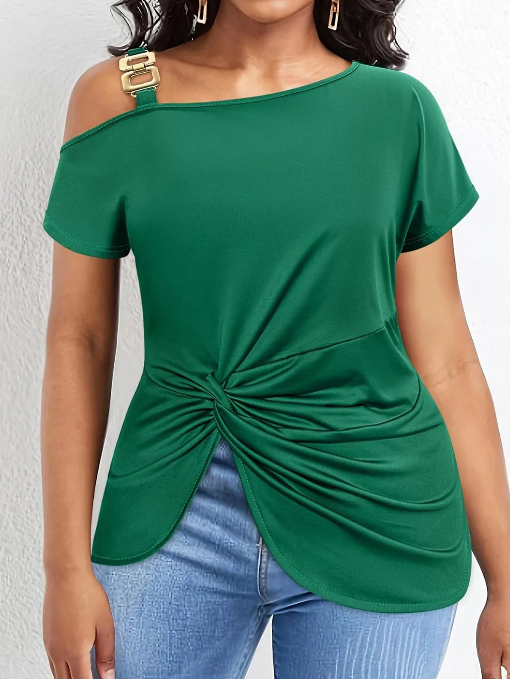 Plus Size Twisted Asymmetrical Neck Short Sleeve T-Shirt - LoveNest Treasures