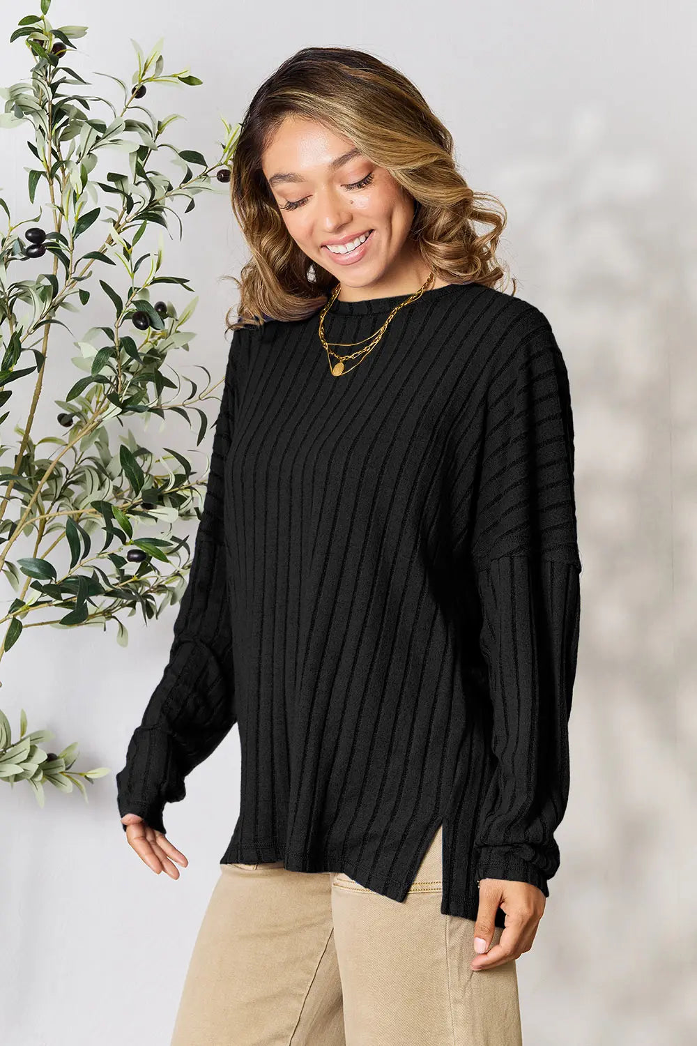 Basic Bae Full Size Ribbed Round Neck Slit Knit Top - LoveNest Treasures