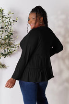 Double Take Half Button Long Sleeve Ruffle Hem Blouse - LoveNest Treasures
